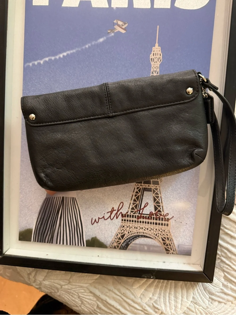 Coach Black Leather Wristlet Clutch with Silver Hardware